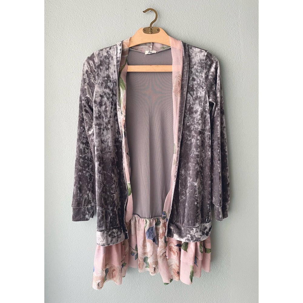 Égy | Gray Crushed Velvet Floral Mesh Trim Cardigan Sweater